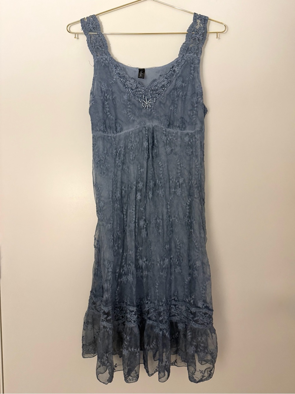 Vintage Y2K Secret Treasures Beaded Lace Dress in Dusty Blue